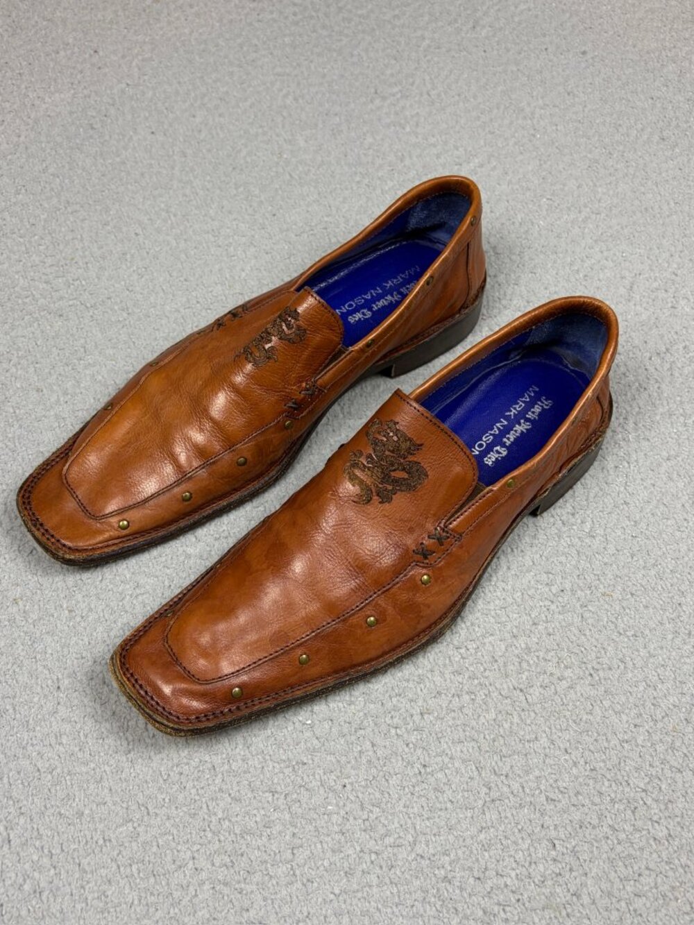 Vtg Mark Nason Shoe 9.5 Brown Made in Italy Dragon Studded Loafer Style 67333